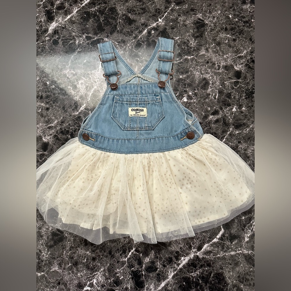 OshKosh B'gosh Denim and Cream Tulle Overalls 9M